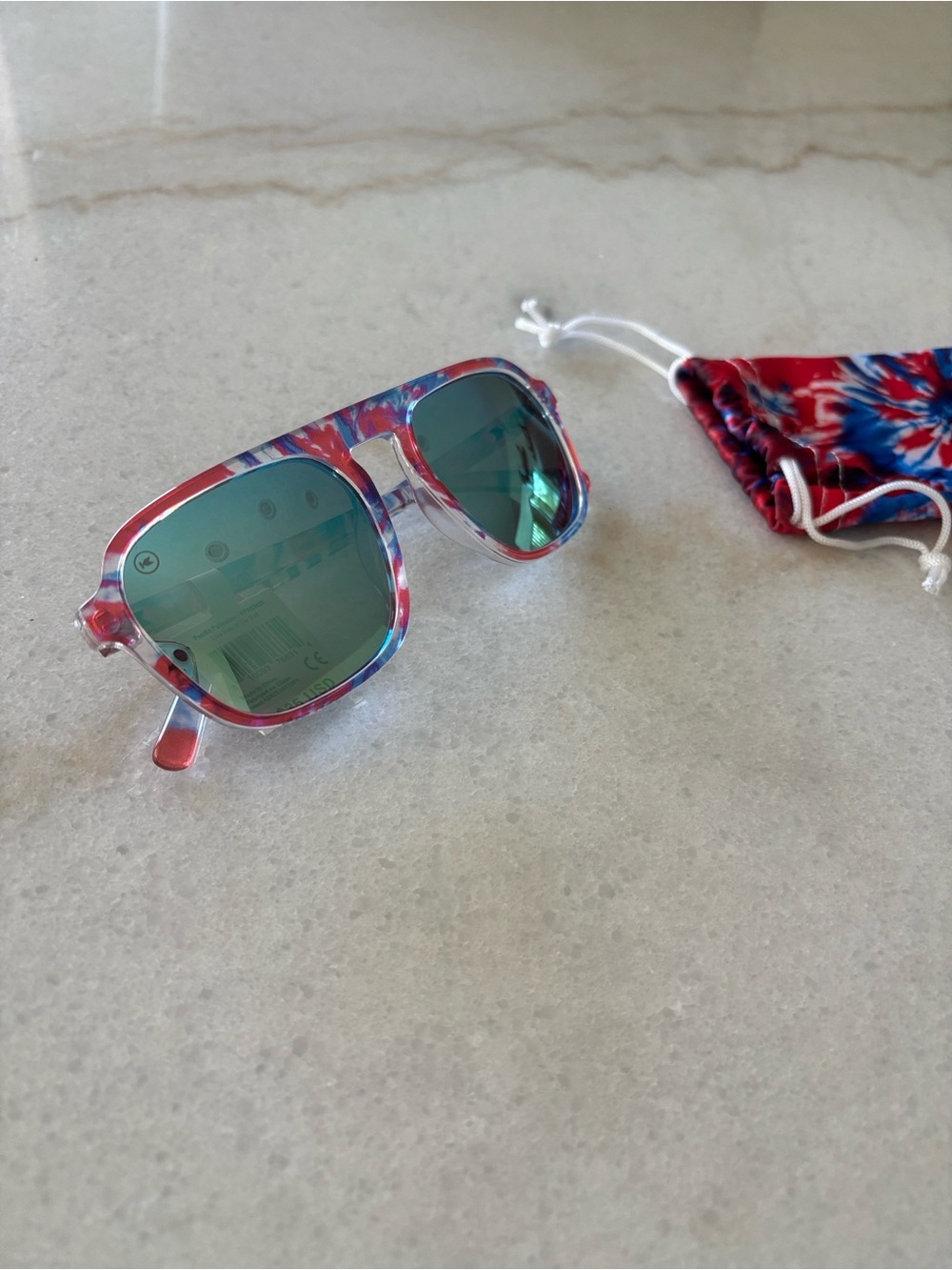 Red & Blue Patterned Sunglasses with Green Mirrored Lenses